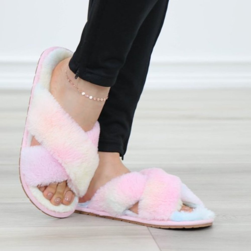 Tie Dye Fuzzy Plush Criss Cross Sandal Sliders - Picture 13 of 16